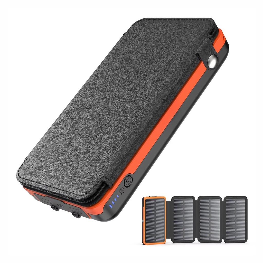 [T3865] 20000mAh Solar Power Bank, 4 Solar Panels, 2 USB & 1 Type C Output for 3 Device Charging, 3 Mode LED Flashlight,Rugged and Compact