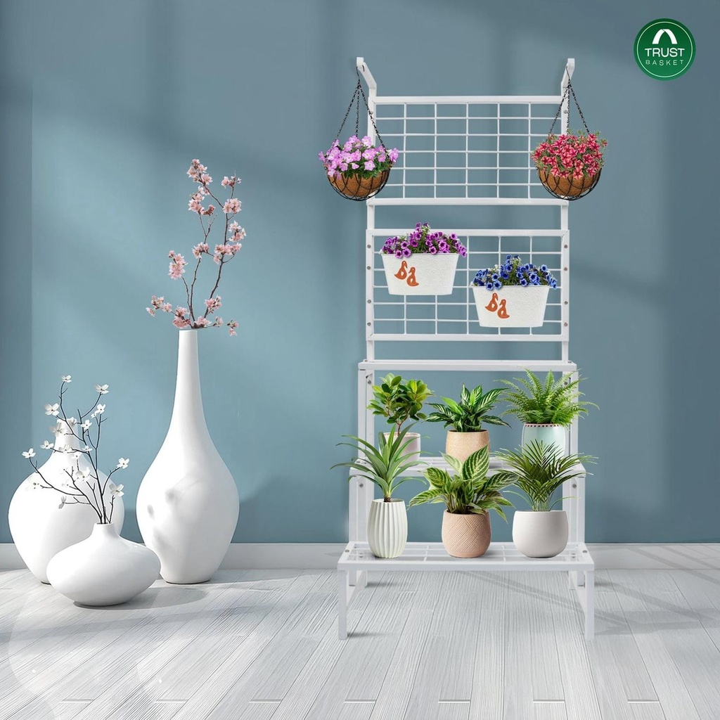 [T3807] TrustBasket Eden Plant Stand with 3-Tier Shelves, Trellis for Climbing Plants (White)