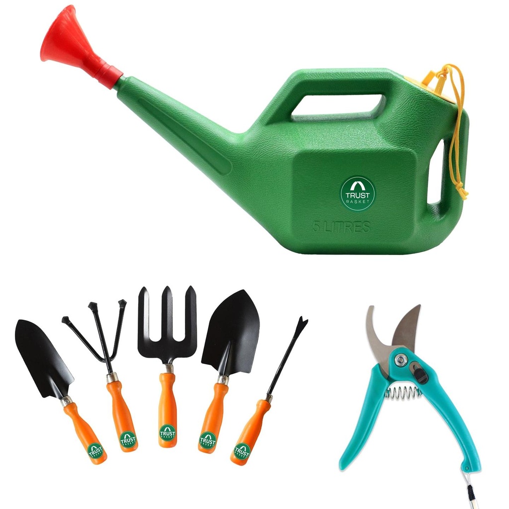 [T3791] TrustBasket 7 Pcs Durable Multi-Purpose Garden Tool Kit + Watering Can for Home Garden | Trowel, Fork, Weeder, Cultivator, Pruner, Watering Can