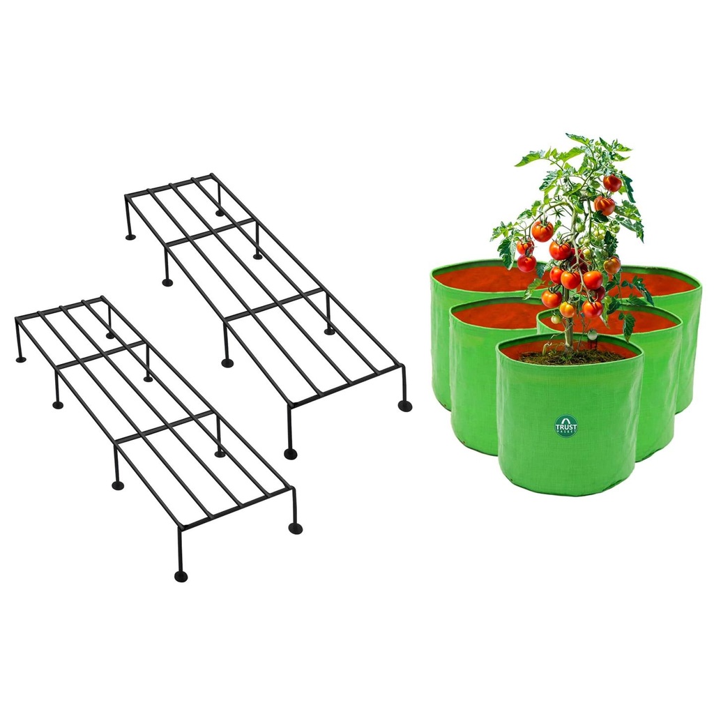 [T3792] TrustBasket Indigo Anti Rust Metal Plant Stand + HDPE Round Grow Bags (Set of 5) - 15" (Indigo (Set of 2) + HDPE Grow bag (Set of 5))