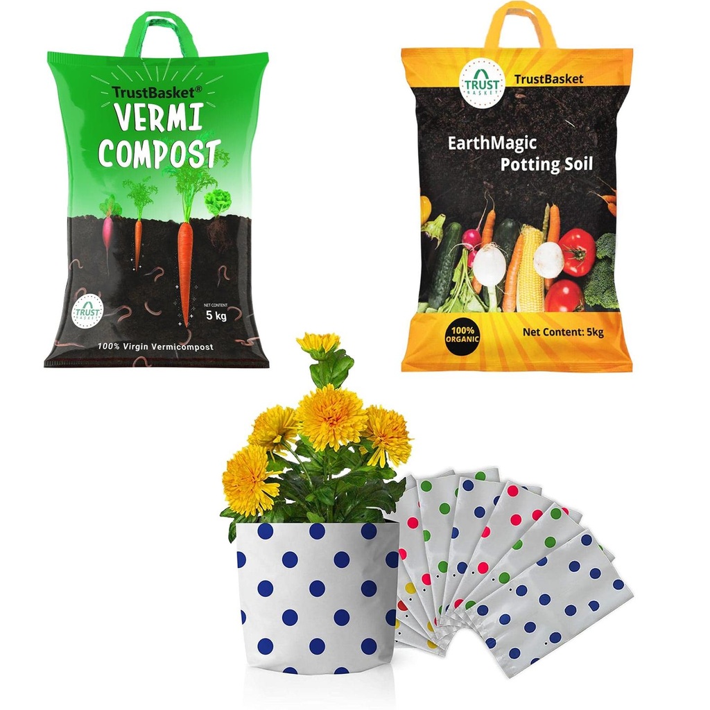 [T3775] TrustBasket Combo Enriched Organic Earth Magic Potting Soil + Pure & Organic Vermicompost + Colourful Growbags (Set of 5)