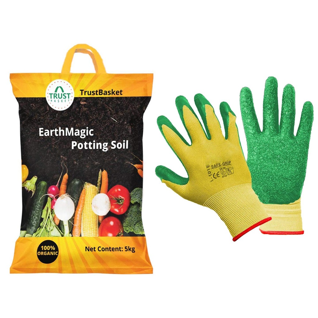 [T3774] TrustBasket Enriched Organic Earth Magic Potting Soil (5kg) +   Heavy Duty Garden Hand Gloves 2 Count (Pack Of 1)