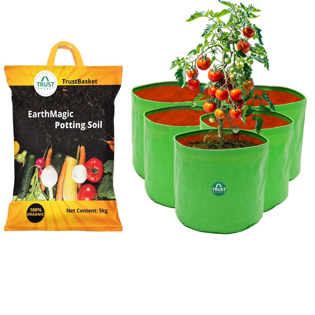 [T3761] Earth Magic Potting Soil (5kg) + HDPE Round Grow Bags (Set of 5) - 15 * 15