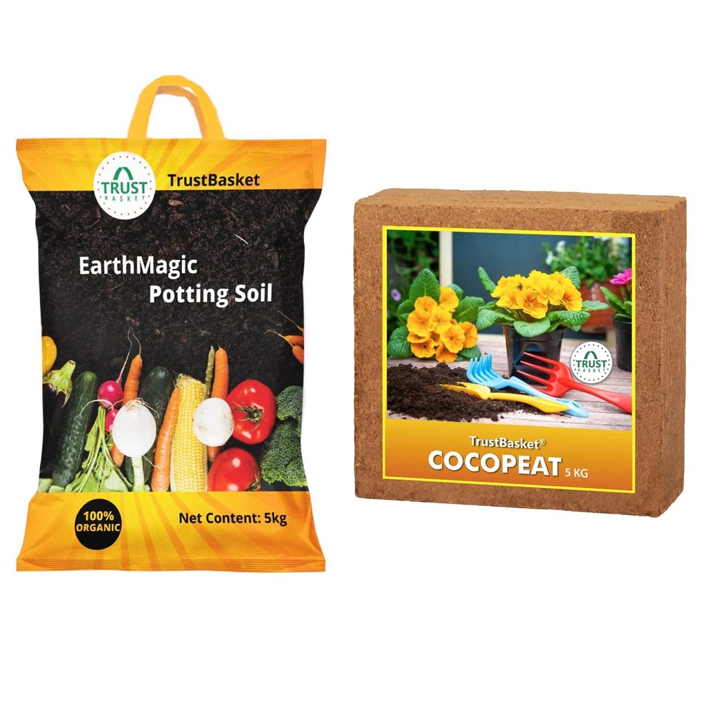 [T3754] TrustBasket Cocopeat for Plants (5kg) + Earth Magic Potting Soil Fertilizer for Plants (5 kg)