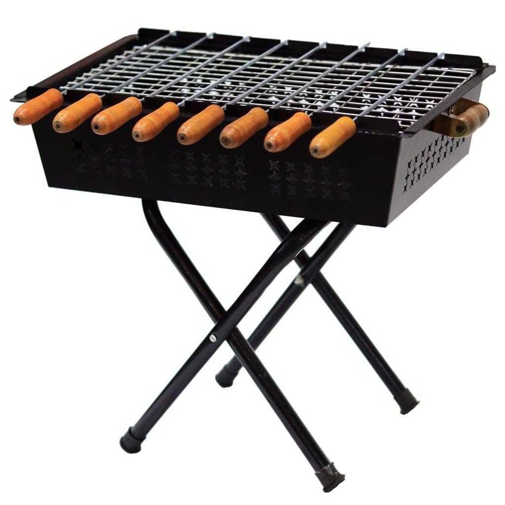 [T3622] Foldable Charcoal Barbeque Grill Set With 8 Skewers & Charcoal Tray (Sleek Black) Criss Cross Stand BBQ Grill
