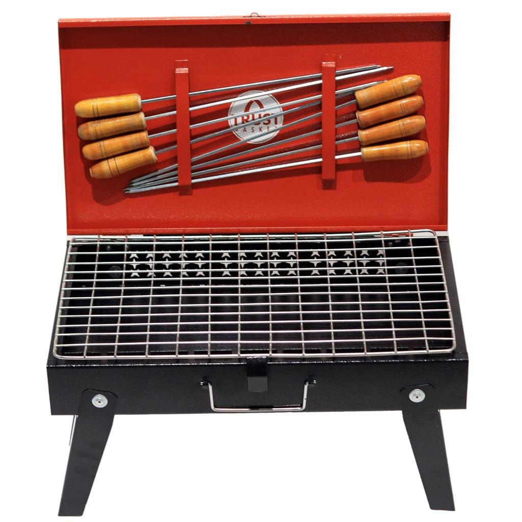 [T3620] Foldable Charcoal Barbeque Grill Set With 8 Skewers & Charcoal Tray (Red & Black) Briefcase Barbeque Grill