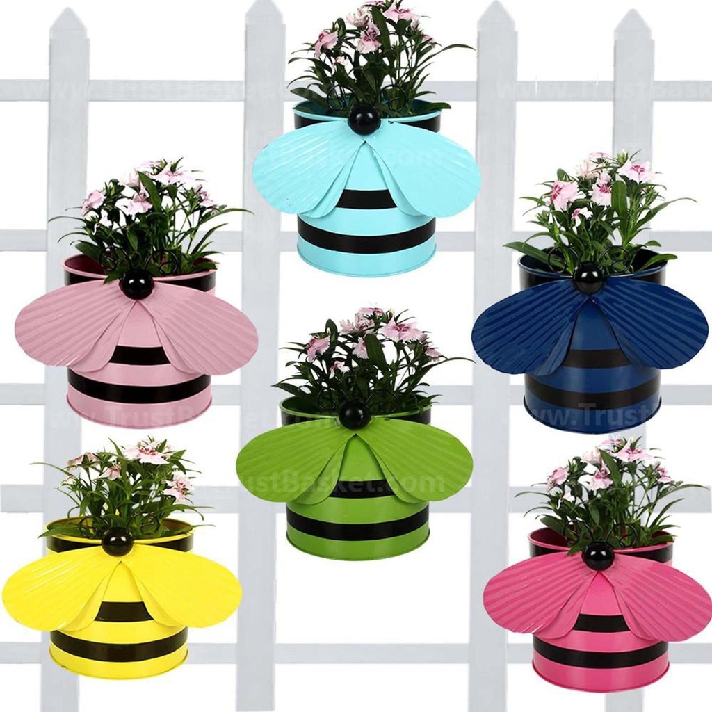 [MT0007-MT0002-MT0003-MT0006-MT0005-MT0004-GK-1] Bee Balcony Railing Garden Flower Pots/Planters (Set of 6 - Multicolor)
