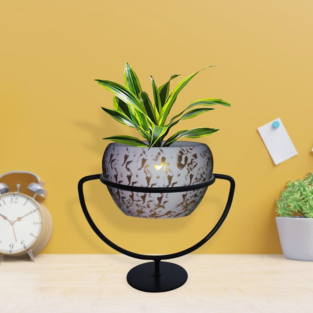 [T2545] Trophy Planter Stand with look like Ceramic Metal Bowl (White)