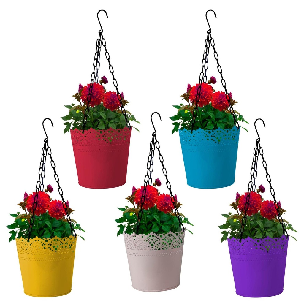 [T2360] Lace Planter With Hanging Chain - Set of 5 (Yellow, Teal, Pink, Ivory, Purple)