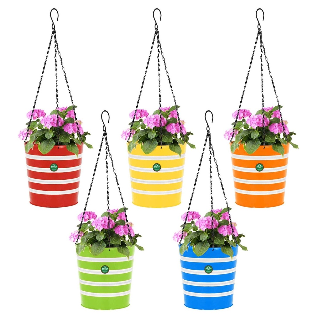 [T1532] Round Ribbed Hanging Basket - Set of 5 (Green, Yellow, Red, Blue, Orange)
