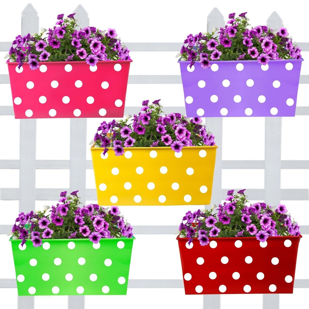 [T1492] Rectangular Dotted Balcony Railing Garden Flower Pots/Planters - Set of 5 (Red, Yellow, Green, Magenta, Purple)
