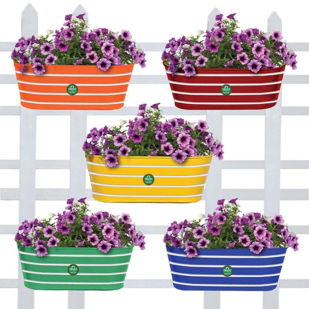 [T1475] Ribbed Oval Balcony Railing Flower Pots/Planters - Set of 5 (Red, Yellow, Green, Orange, Blue)