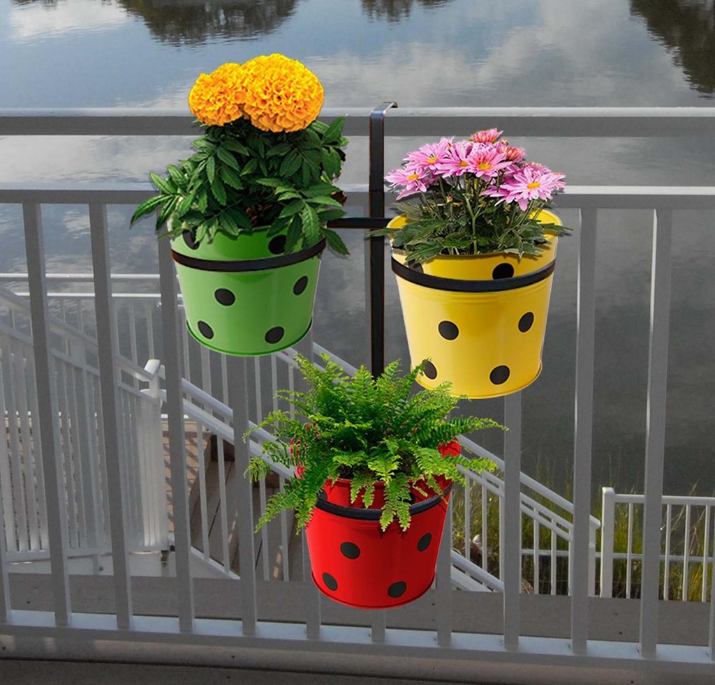 [T1342] Triangle Pot stand for Railings with 3 Dotted Round Planters (Green, Yellow and Red Color Dotted Round Planters)