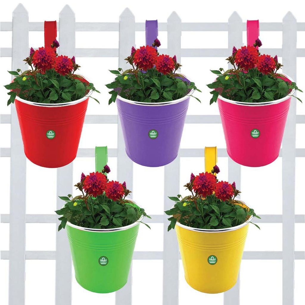 [T1129] Plain Round Railing Planters - Set of 5 (Green, Yellow, Magenta, Red, Purple)