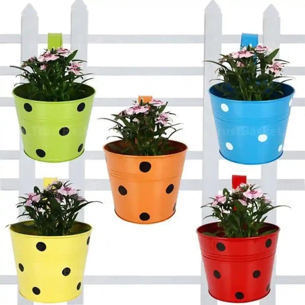 [TBSSS455] Dotted Round Balcony Railing Garden Flower Pots / Planters - Set of 5 (Red, Yellow, Green, Orange, Blue)