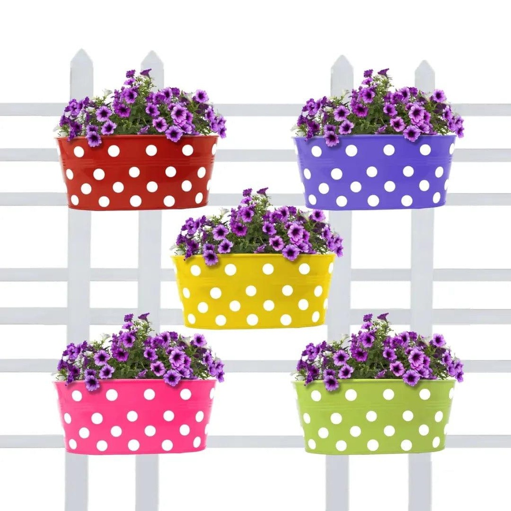 [TBSSS456] Oval Balcony Railing Garden Flower Pots/Planters Dotted - Set of 5 (Red, Yellow, Green, Magenta, Purple)