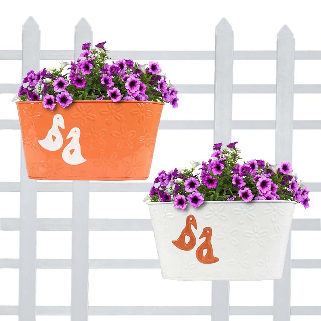 [TBSSS348] Duck Designer Oval Railing Planters - Set of 2 (White and Orange)