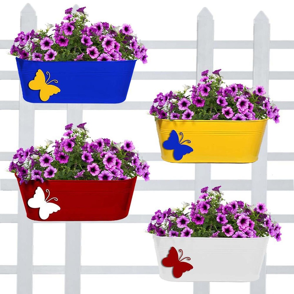 [TBSSS220] Balcony Railing Planters with Butterfly (Blue, Yellow, Red, Ivory) Oval - Set of 4