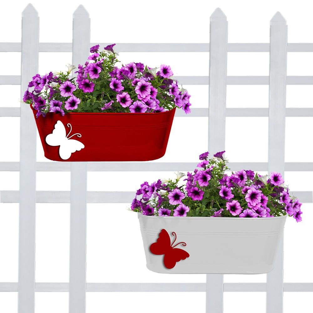Balcony Railing Planters with Butterfly (Red & Ivory) Oval - Set of 2