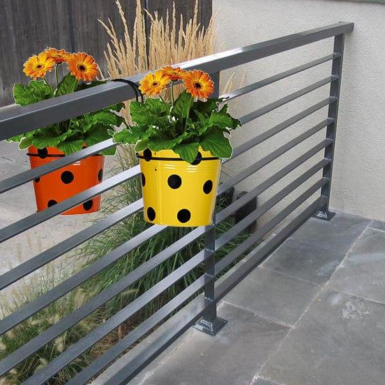 Railing Mountable Hanger with Yellow and Orange Dotted Round Planter