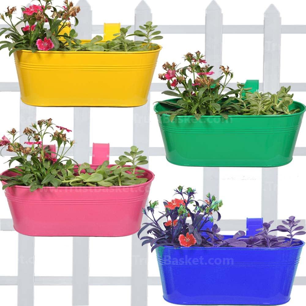 [MT0011-MT0014-MT0010-MT0012-111] Oval railing planters (Magenta, Blue, Yellow and Green) - Set of 4