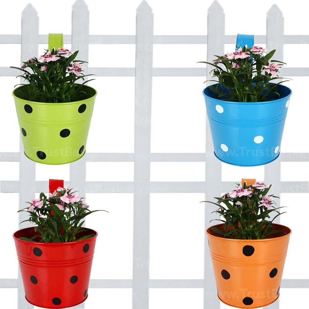 [MT0017-MT0018-MT0019-MT0020-55] Railing Planters Round Dotted (Blue, Orange, Red & Green) - Set of 4