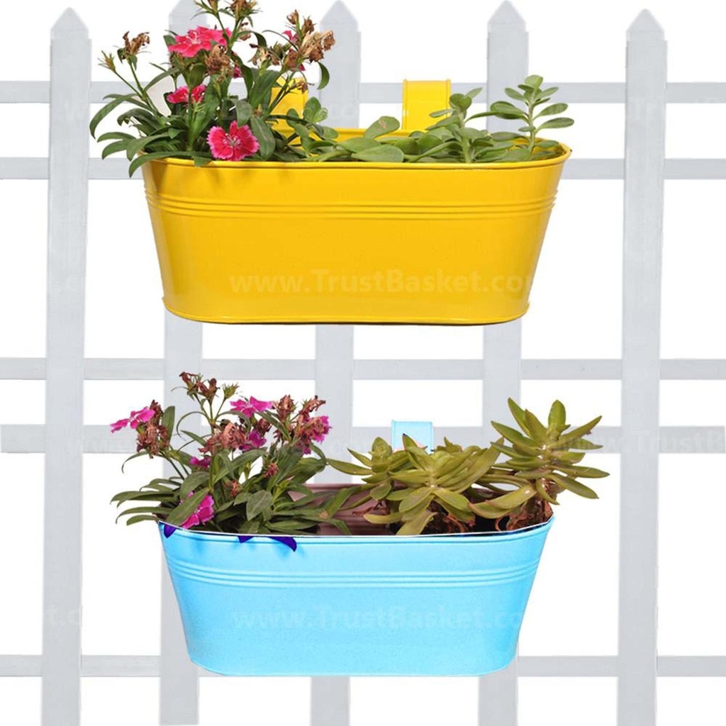 [MT0011-MT0009-53] Oval Railing Planter Yellow and Teal - Set of 2