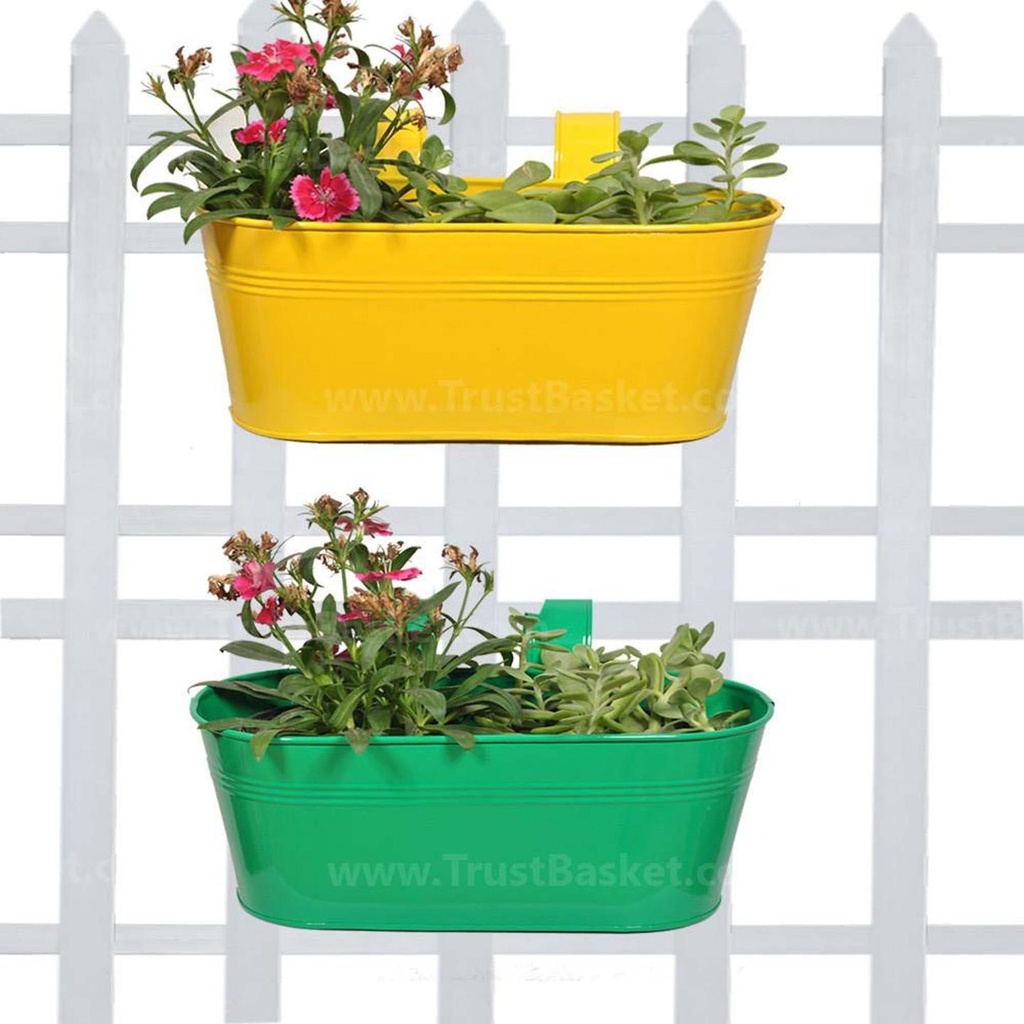 [MT0011-MT0014-53] Oval Railing Planter Yellow and Dark Green - Set of 2