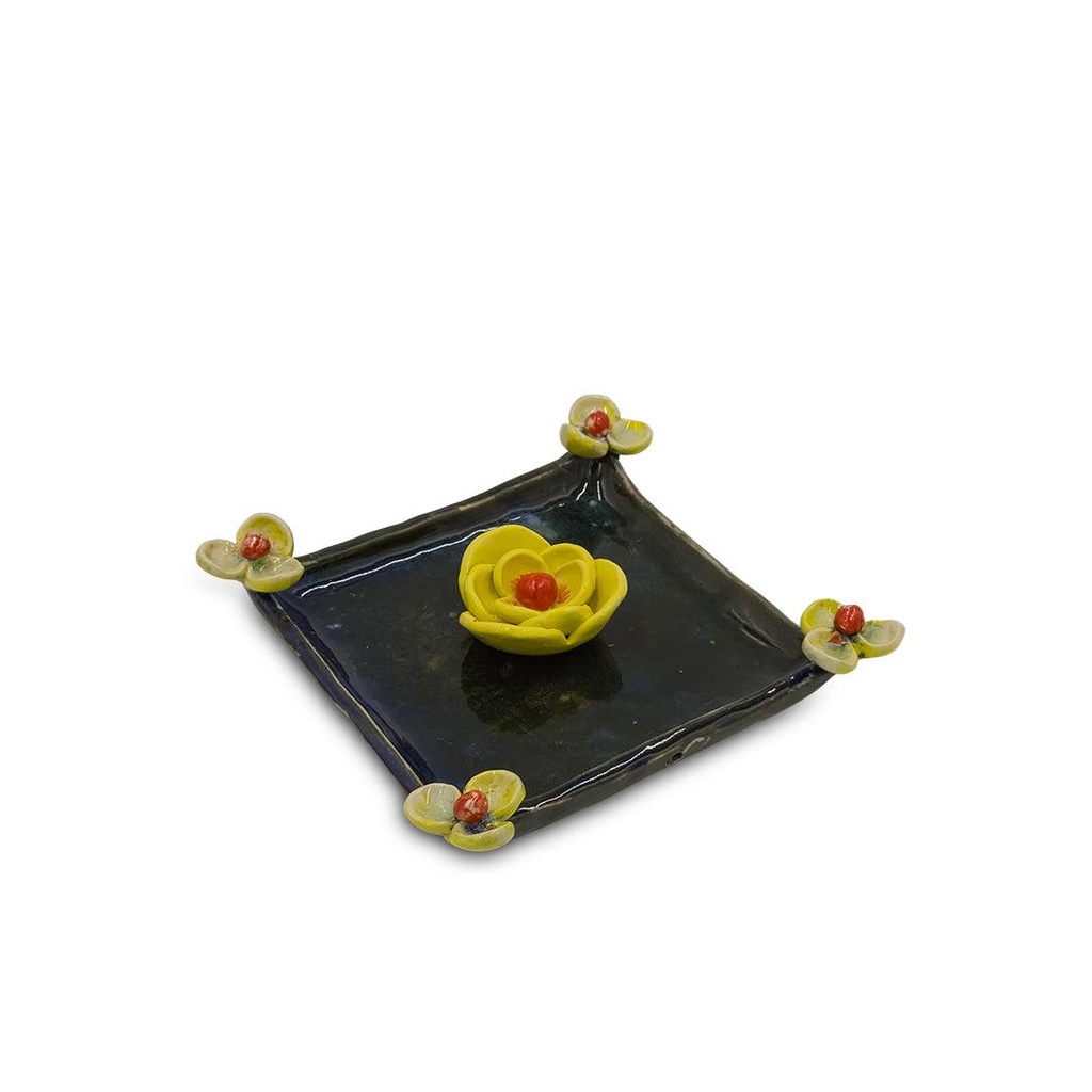Hand-Painted Blue Ceramic Tissue Holder with Yellow Floral Accents/Ceramic paper holder